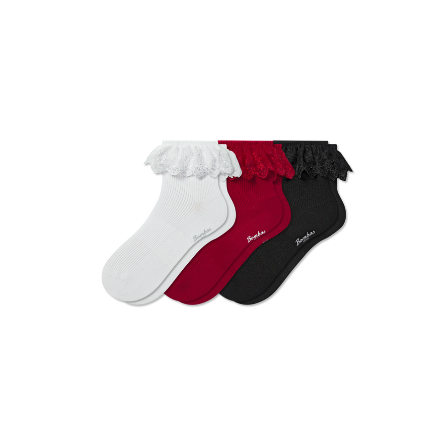Women’s Ruffle Lace Quarter Sock 3-Pack - Easy School Fit