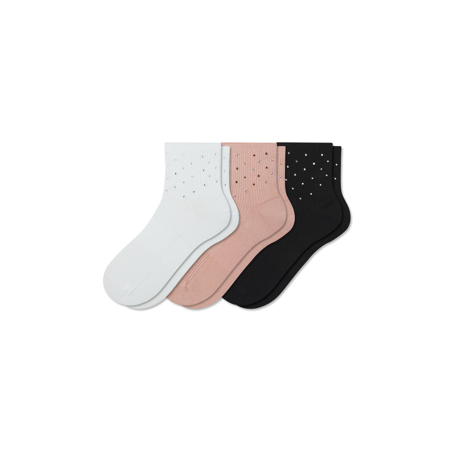 Women’s Rhinestone Rib Quarter Sock 3-Pack - Modern Recovery Wear