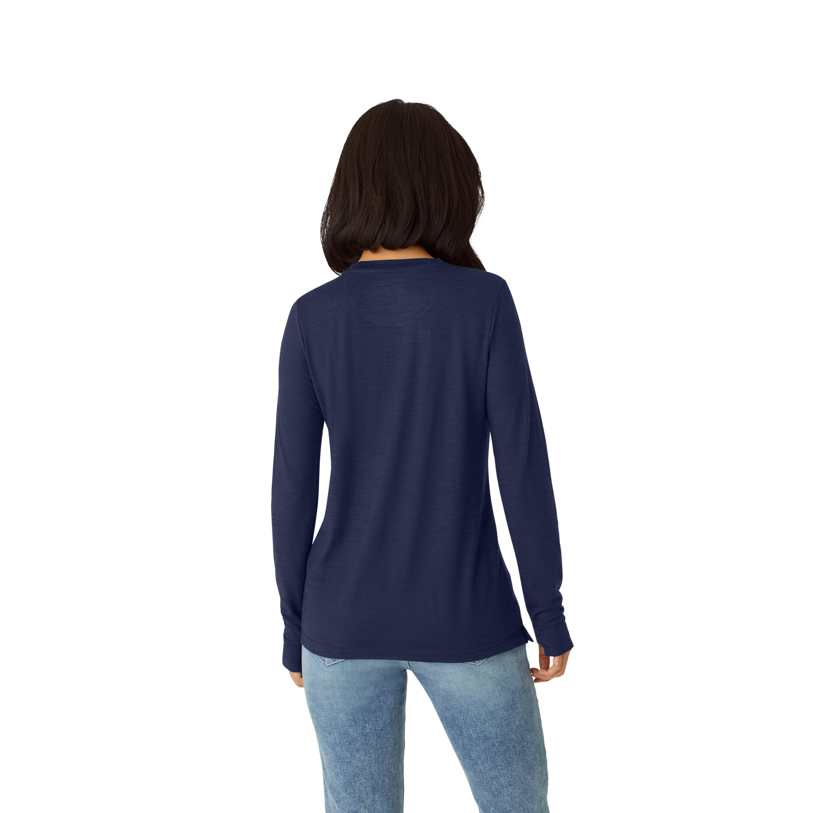 Merino Wool Blend Crew Neck Long Sleeve T-Shirt Navy WO3