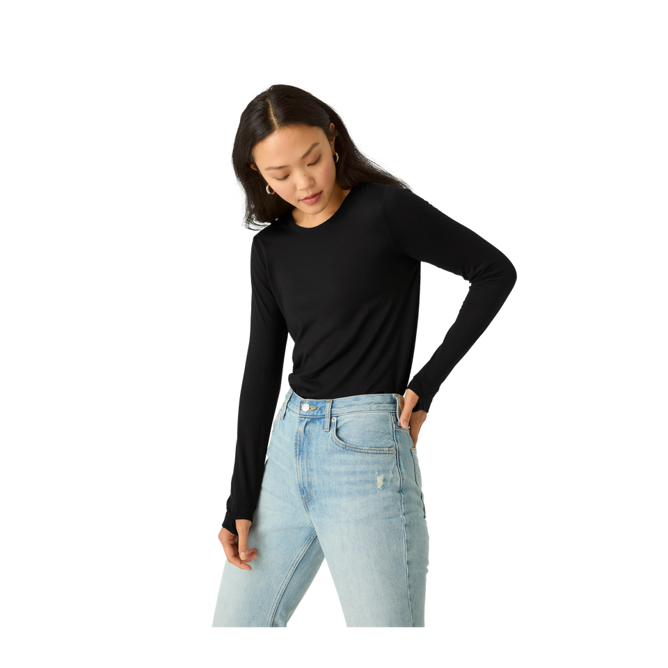 Merino Wool Blend Crew Neck Long Sleeve T-Shirt - Black WO1 [7056]