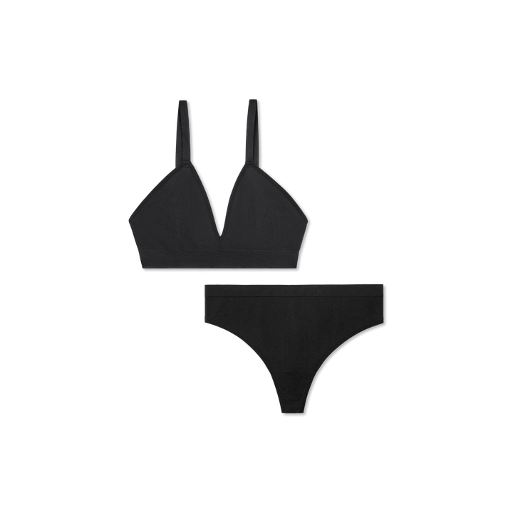 Women's Ribbed Seamless Triangle Bralette + Thong - Black